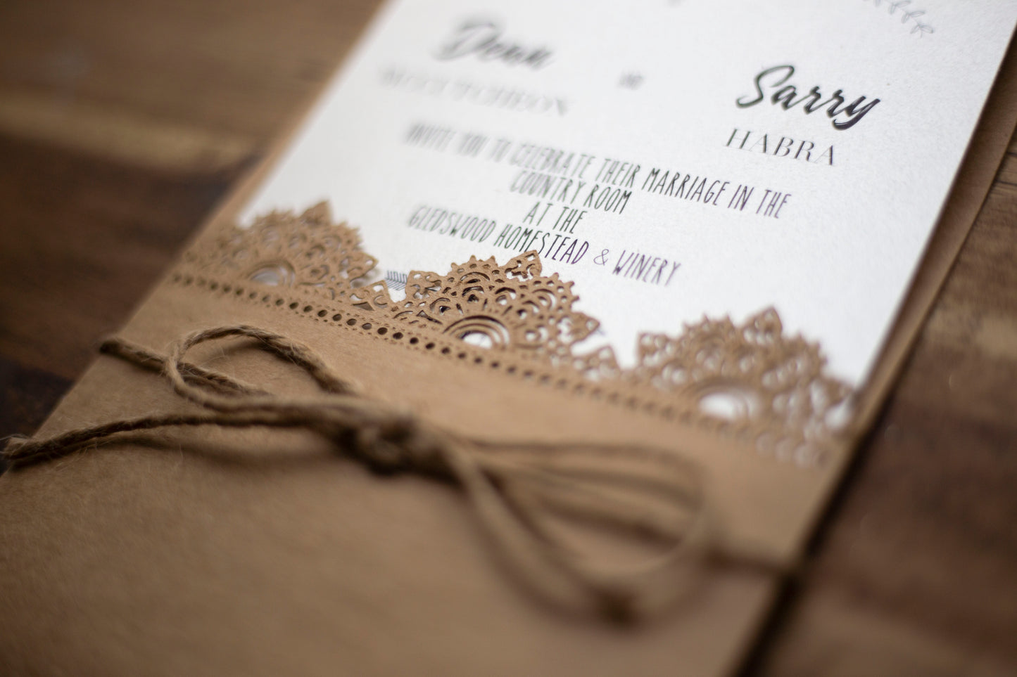 Rustic Wedding Invitation with Lace Sleeve bolton creations