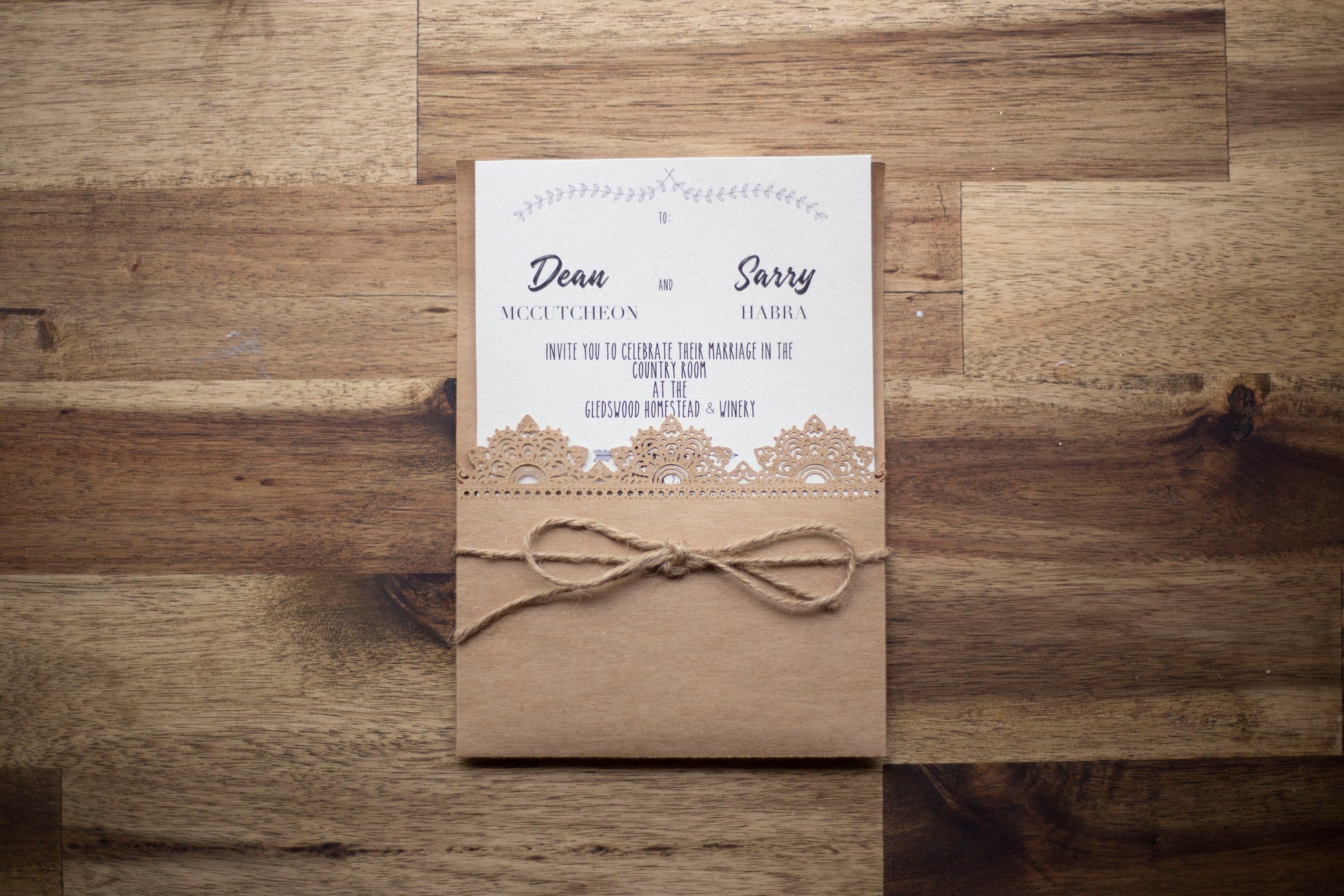 Rustic Wedding Invitation with Lace Sleeve bolton creations