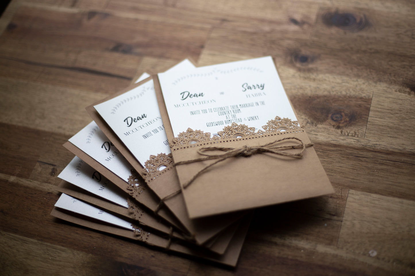 Rustic Wedding Invitation with Lace Sleeve bolton creations